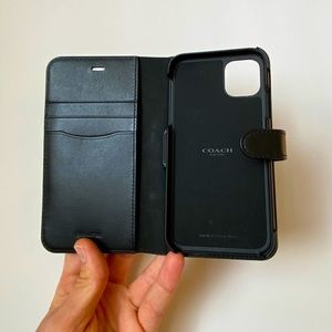 Like new (used twice) Coach Black leather IPhone 11 phone case portfolio wallet